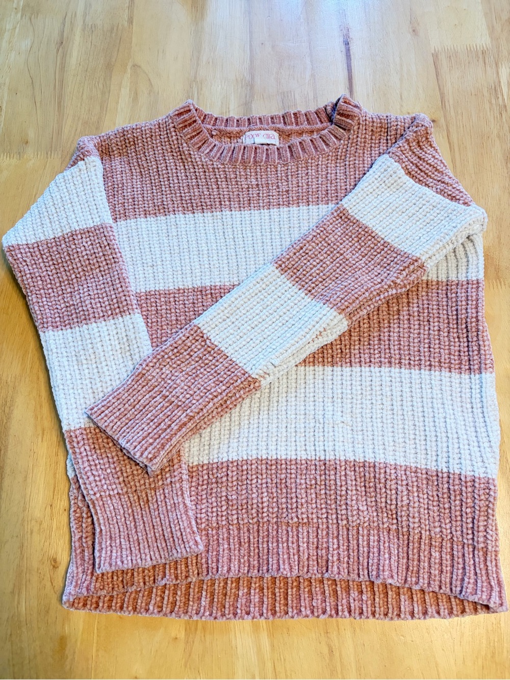 Poof Girl Cozy Striped Crewneck Sweater in Blush Pink and Cream